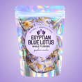 Load image into Gallery viewer, Package of Egyptian Blue Lotus whole flowers with a holographic design on a purple background