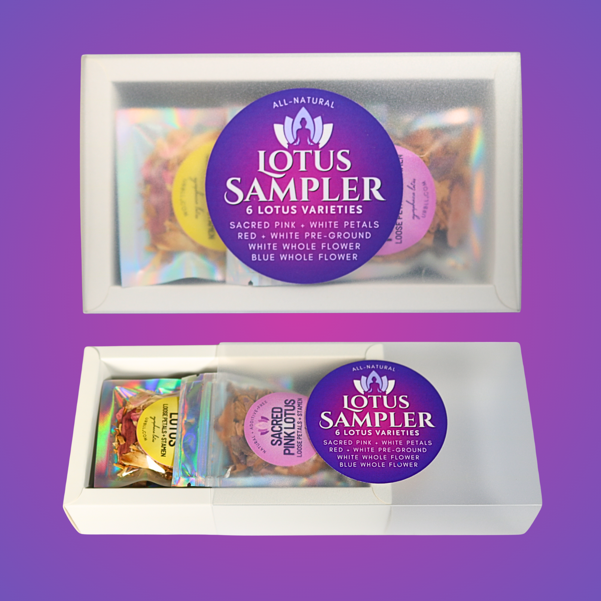 Lotus Sampler packaging on a purple background