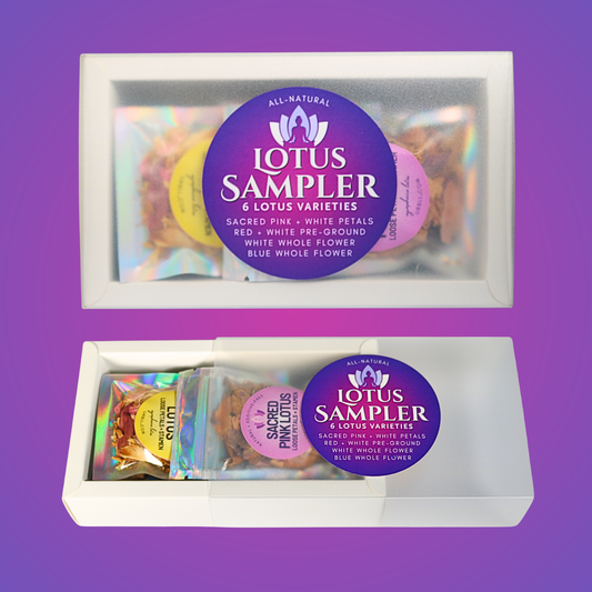 Lotus Sampler packaging on a purple background