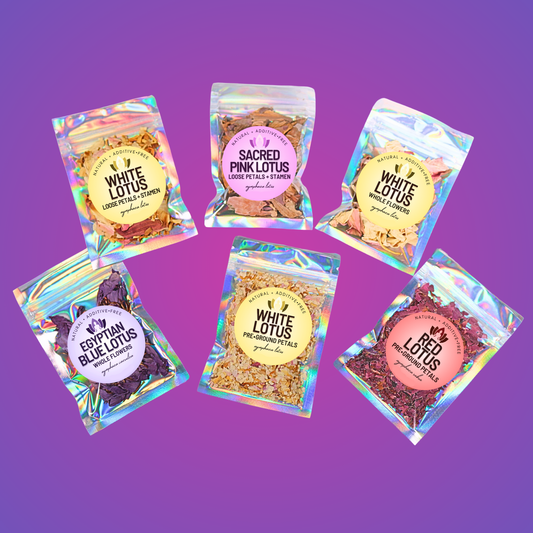 Set of holographic packaging with various lotus products on a gradient purple background