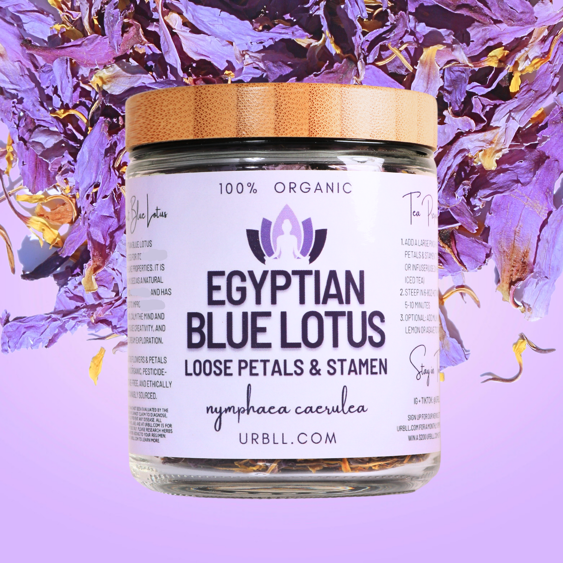 Egyptian Blue Lotus Loose Petals + Stamen in Glass Jar