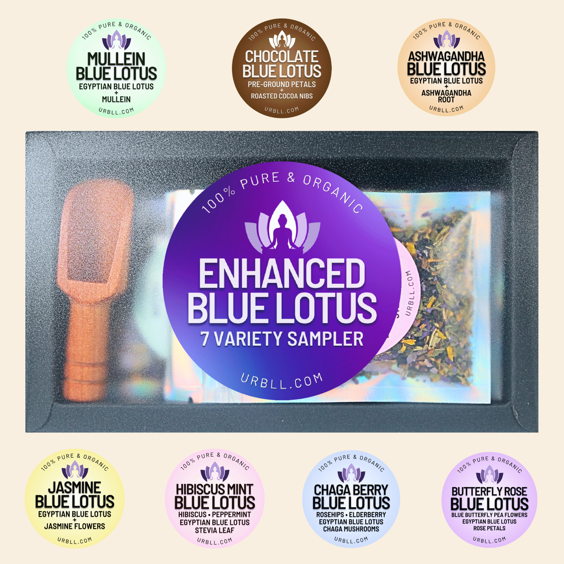 Enhanced Blue Lotus Variety Sampler Box • 7 Organic Egyptian Blue Lotus Herbal Blends