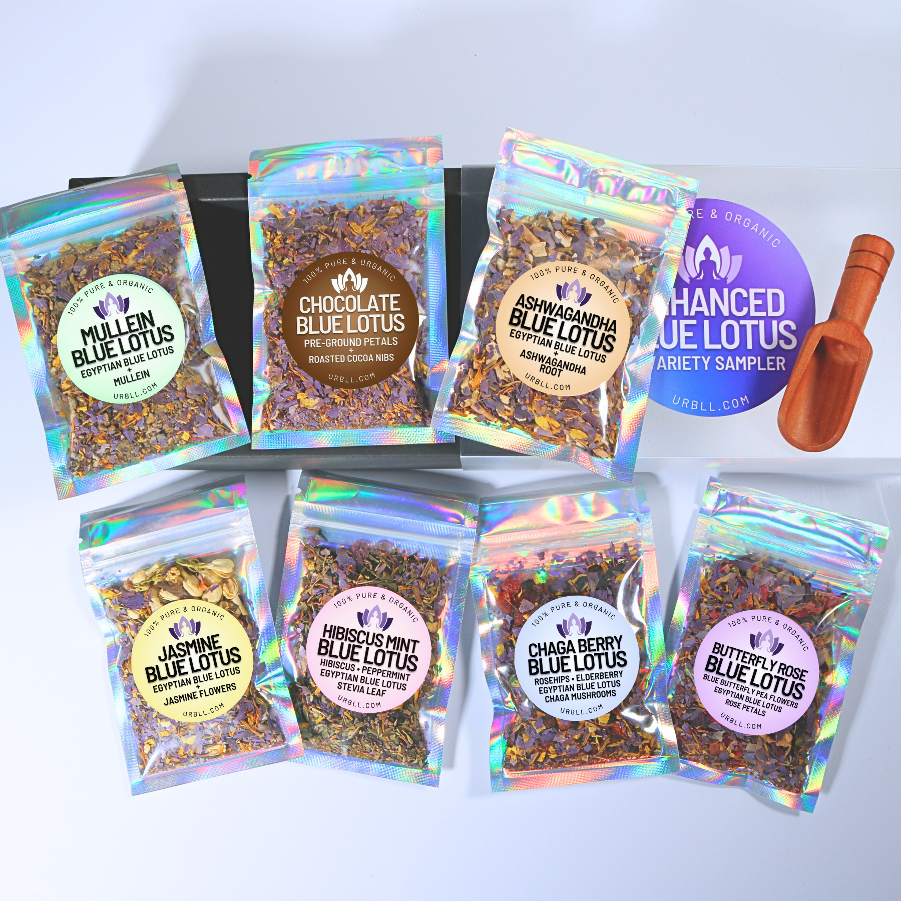 Enhanced Blue Lotus Variety Sampler Box • 7 Organic Egyptian Blue Lotus Herbal Blends