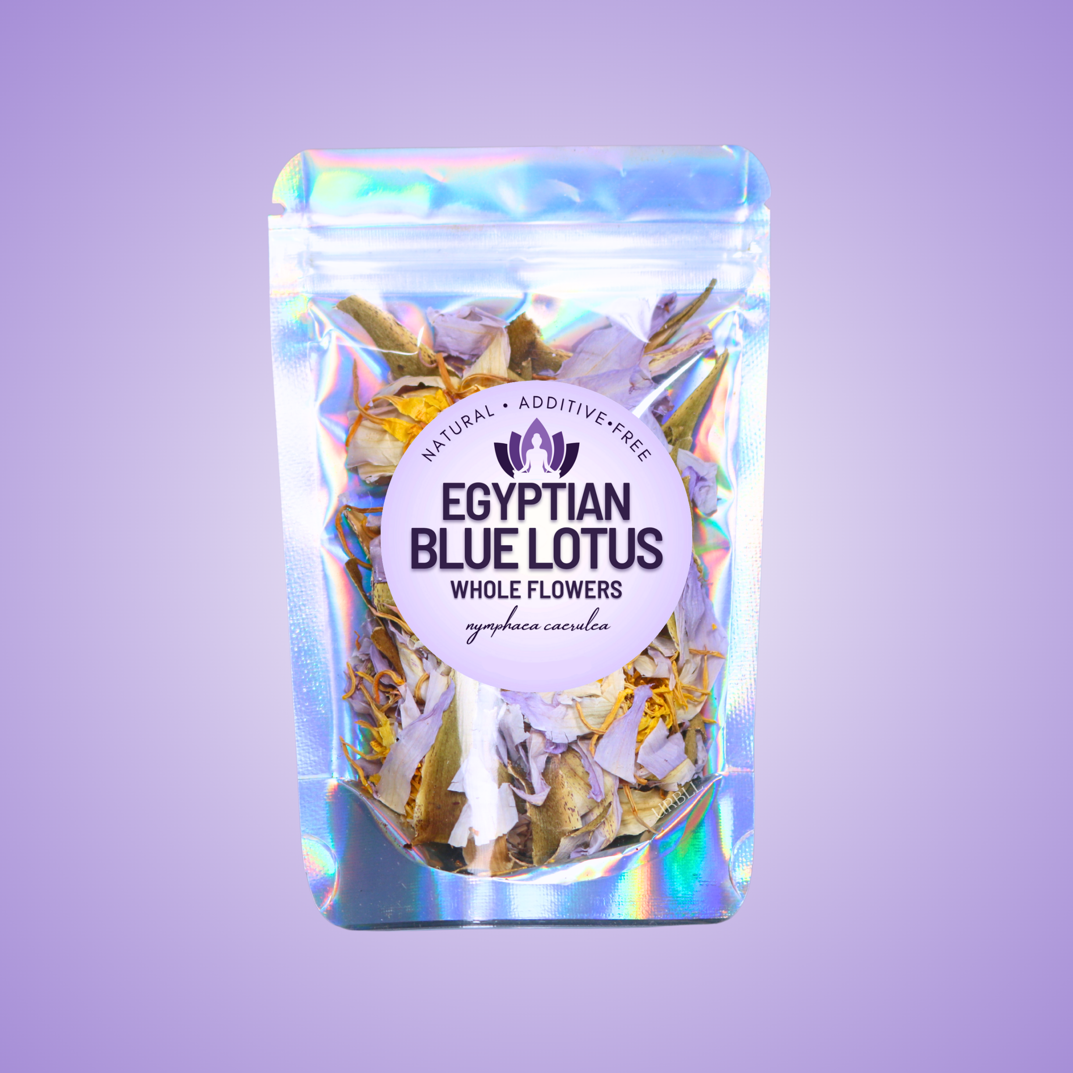 Packaging of Egyptian Blue Lotus whole flowers with a holographic finish on a purple background.