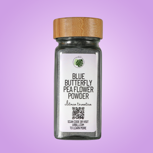 Jar of blue butterfly pea flower powder with a wooden lid on a purple background