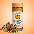 Load image into Gallery viewer, Jar of Chaga mushroom powder with chaga mushrooms and leaves on a gradient background

