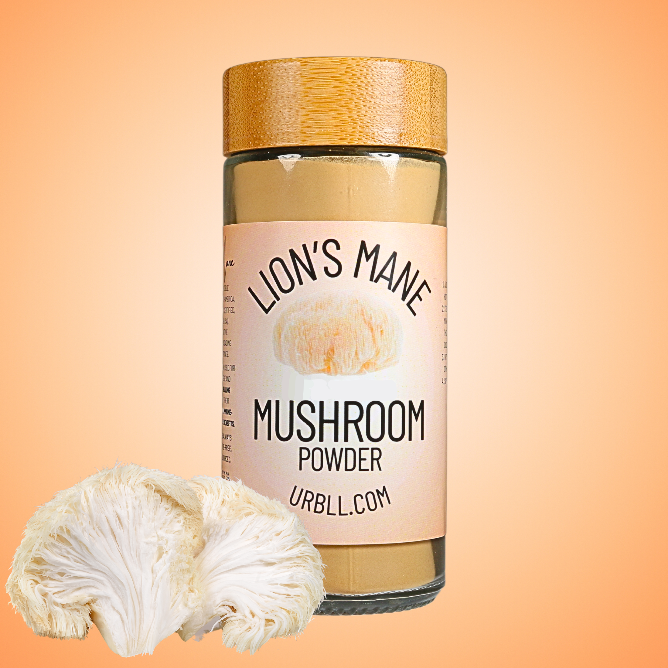 Jar of Lion's Mane mushroom powder with a mushroom on an orange background