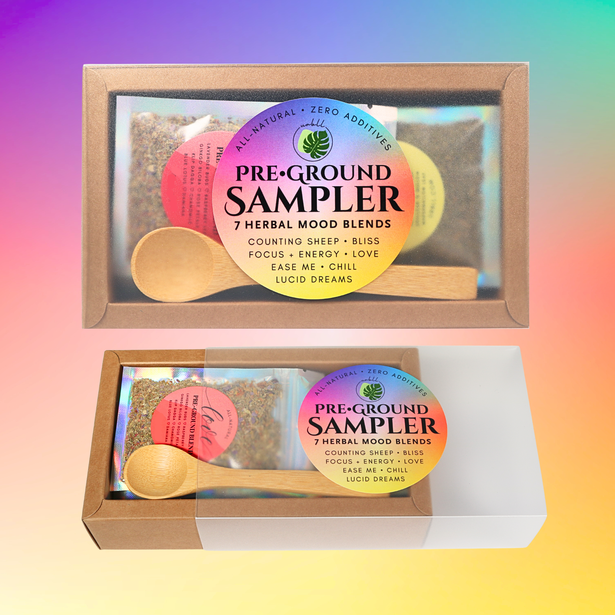 Pre-ground sampler packaging with wooden spoon on a gradient background