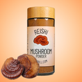 Load image into Gallery viewer, Jar of reishi mushroom powder with two mushrooms on an orange background
