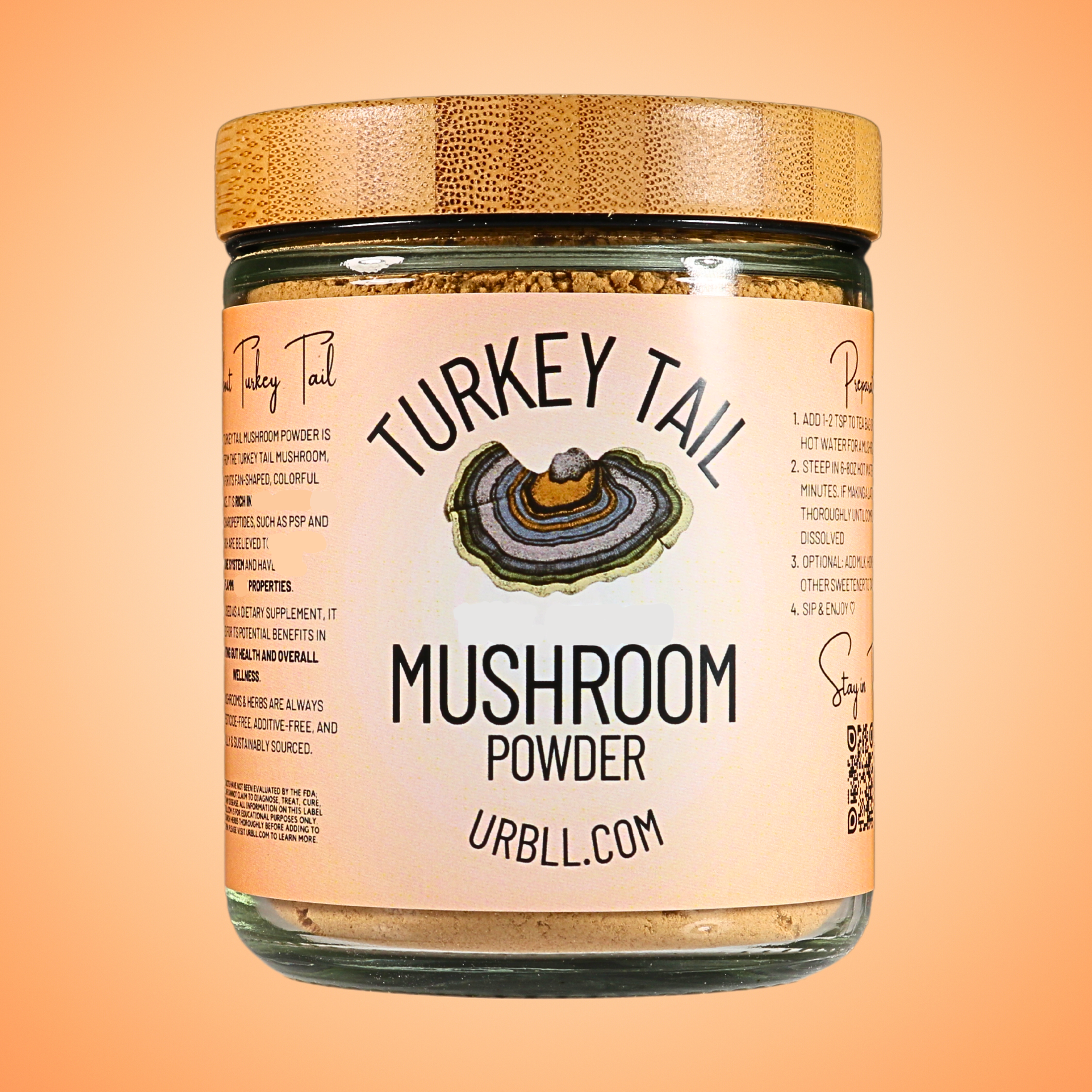 Jar of turkey tail mushroom powder with a label on an orange background