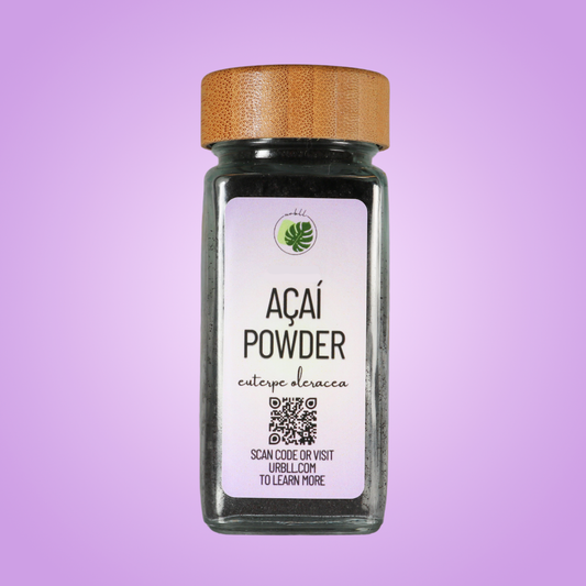 Bottle of acai powder with a wooden cap on a purple background