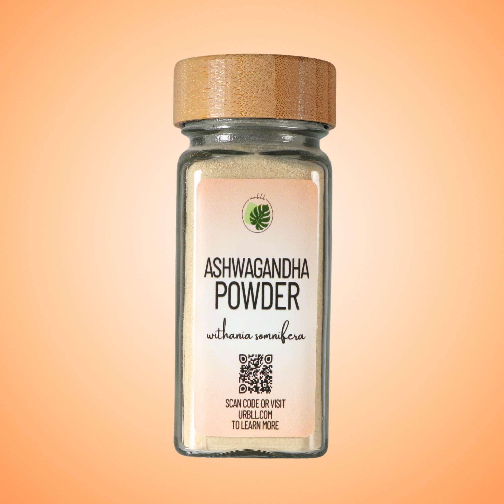 Jar of Ashwagandha powder with a wooden lid on an orange gradient background