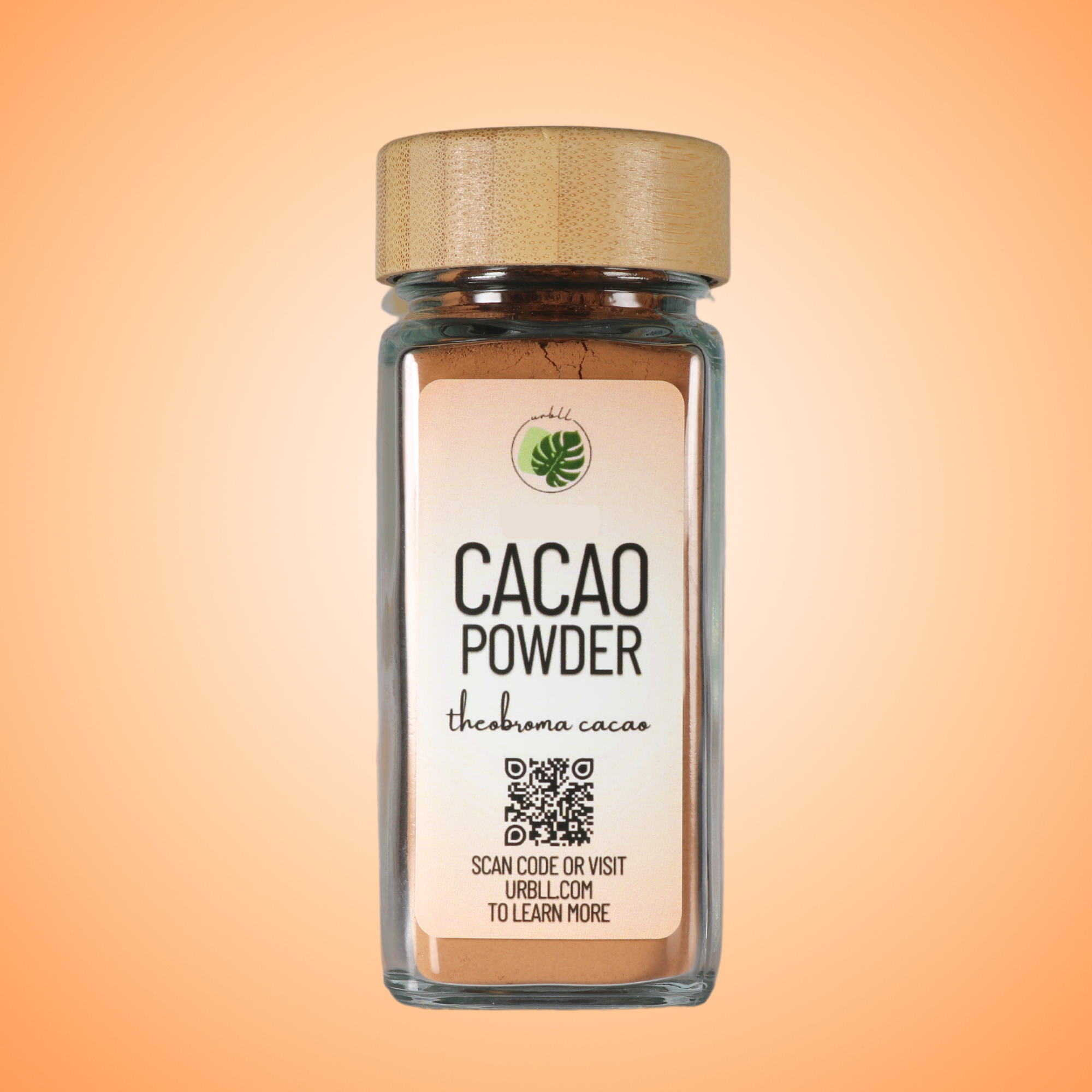 Jar of cacao powder with a label on an orange gradient background