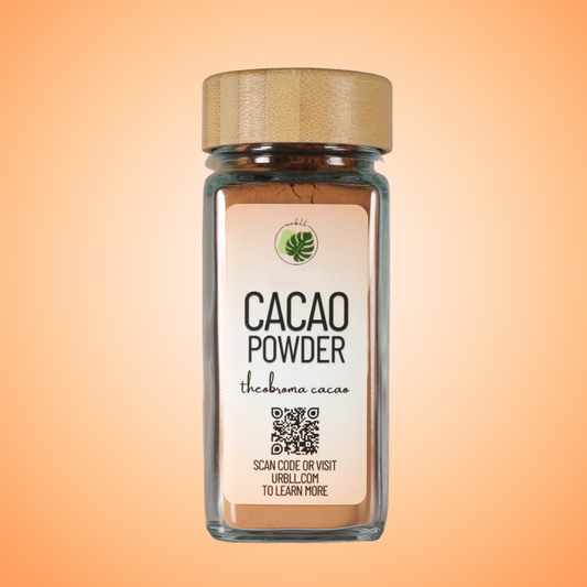Jar of cacao powder with a label on an orange gradient background