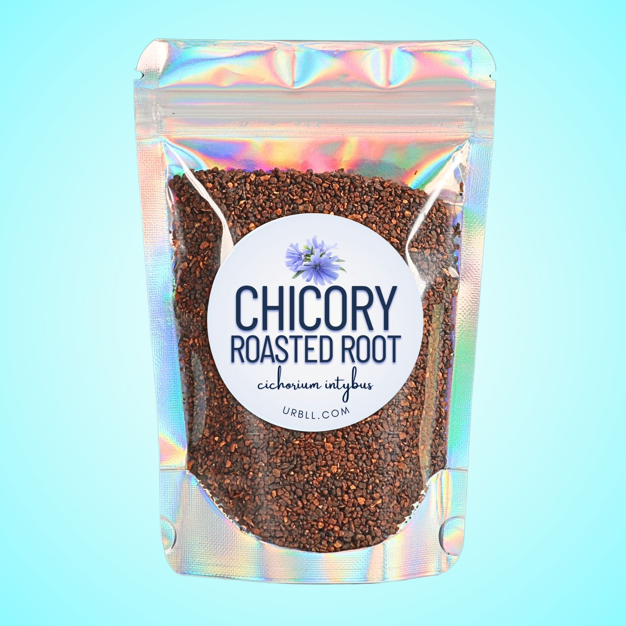 Packaged chicory roasted root with a colorful label on a gradient background