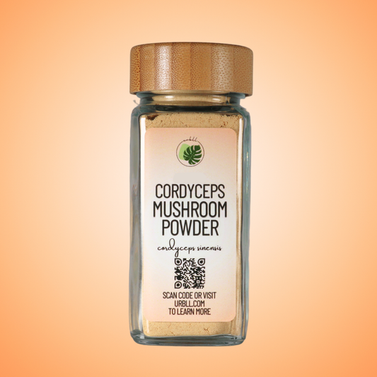 Jar of Cordyceps Mushroom Powder with a wooden lid on an orange gradient background