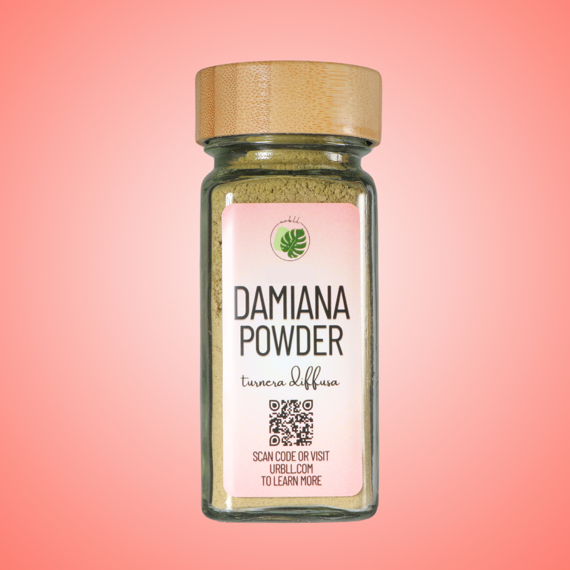 Jar of Damiana Powder with a pink gradient background