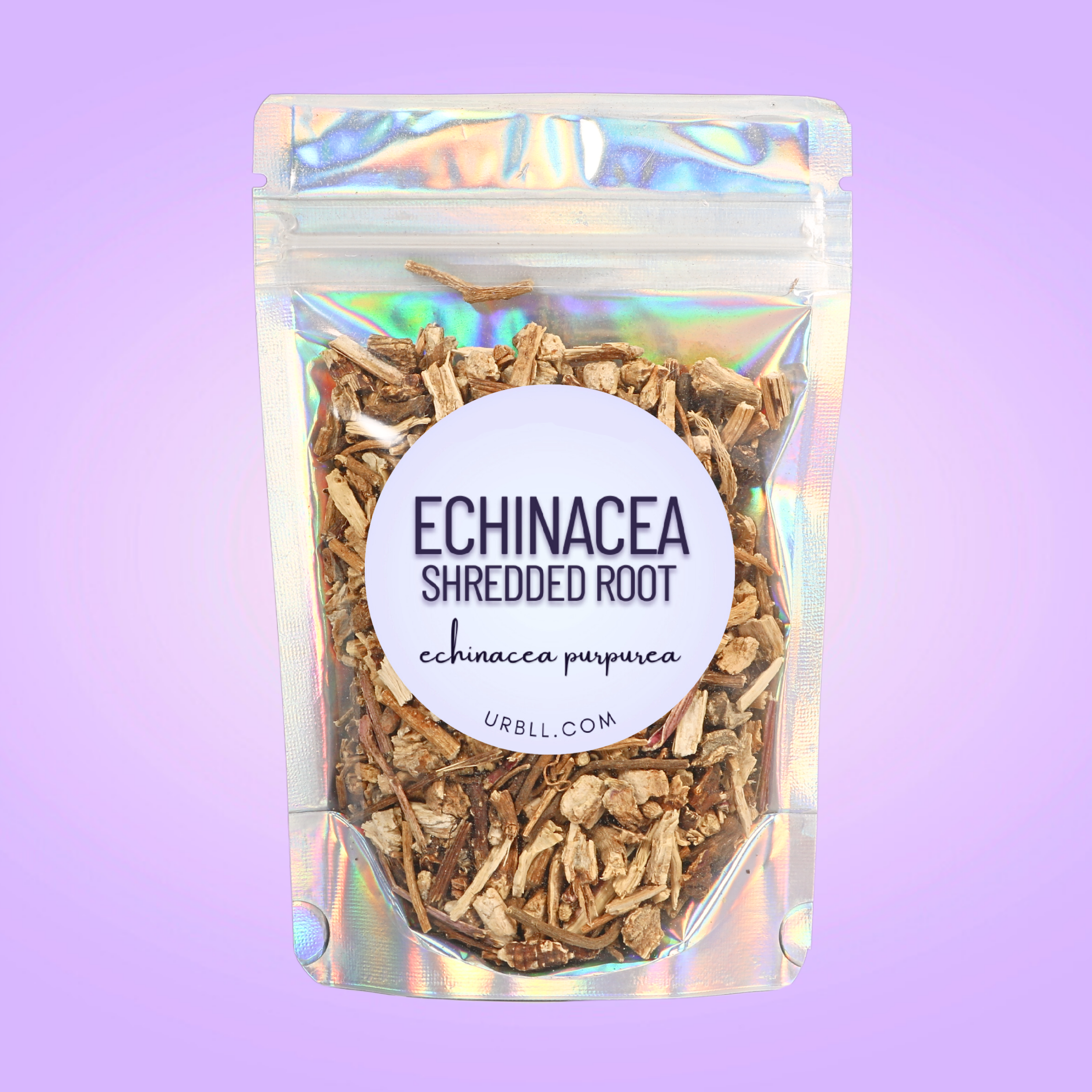 Packaged shredded echinacea root with a holographic bag on a purple background