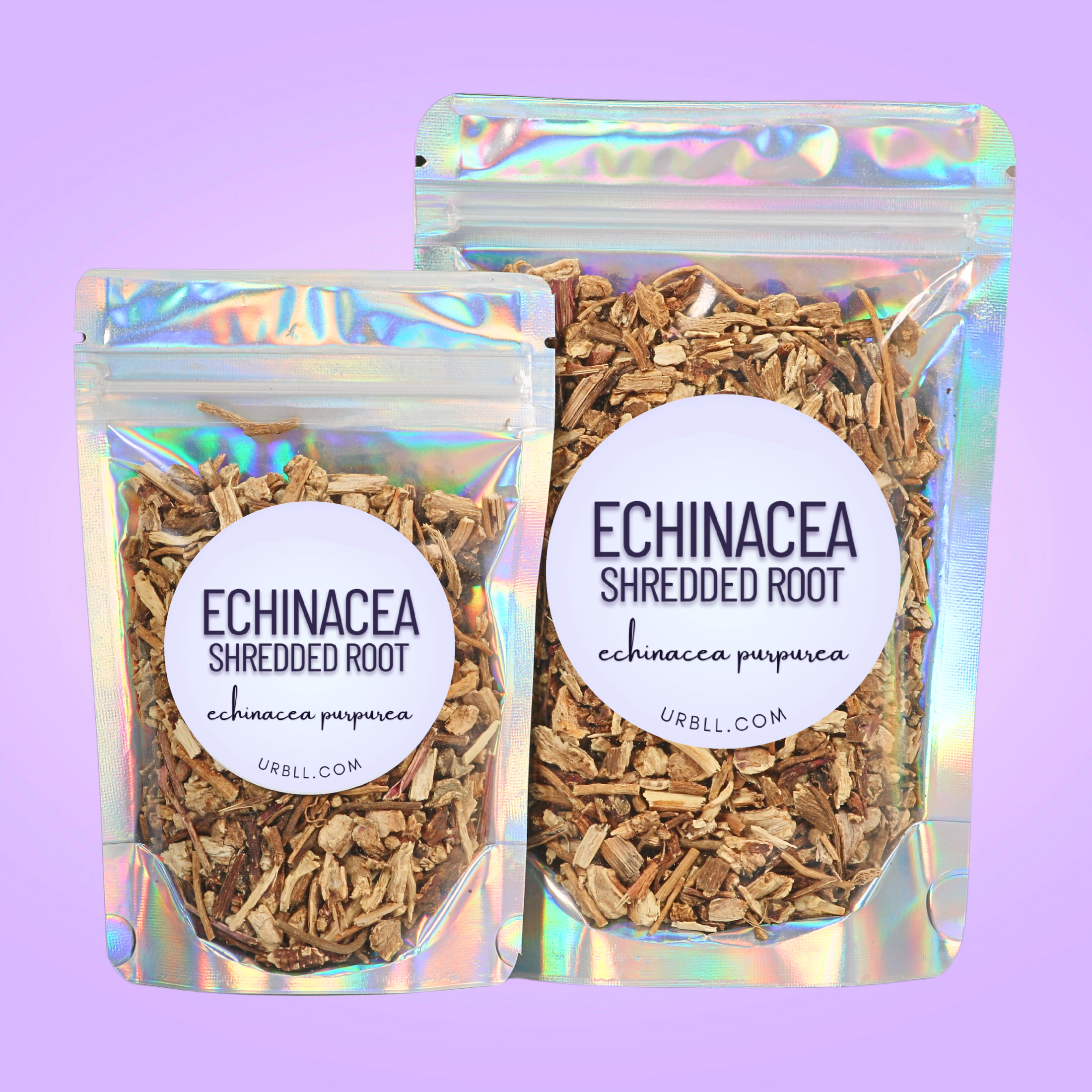 Two packages of Echinacea shredded root with holographic packaging on a purple background
