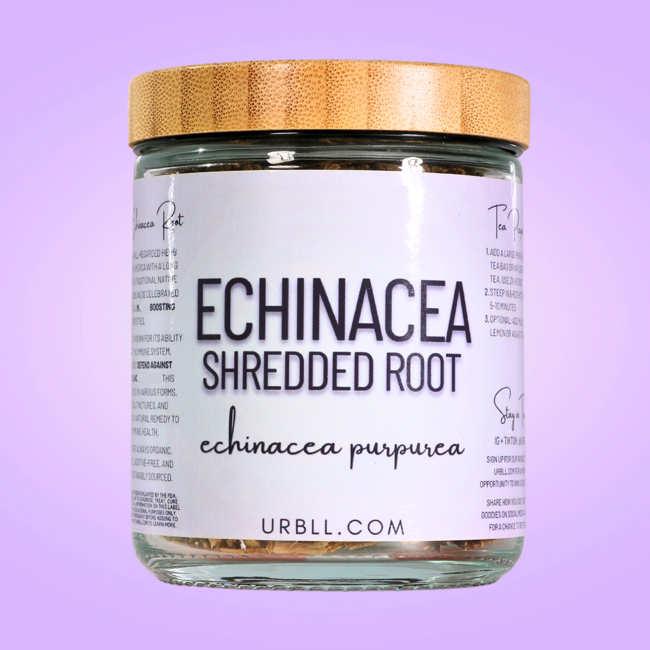 Jar of Echinacea Shredded Root with a wooden lid on a purple background