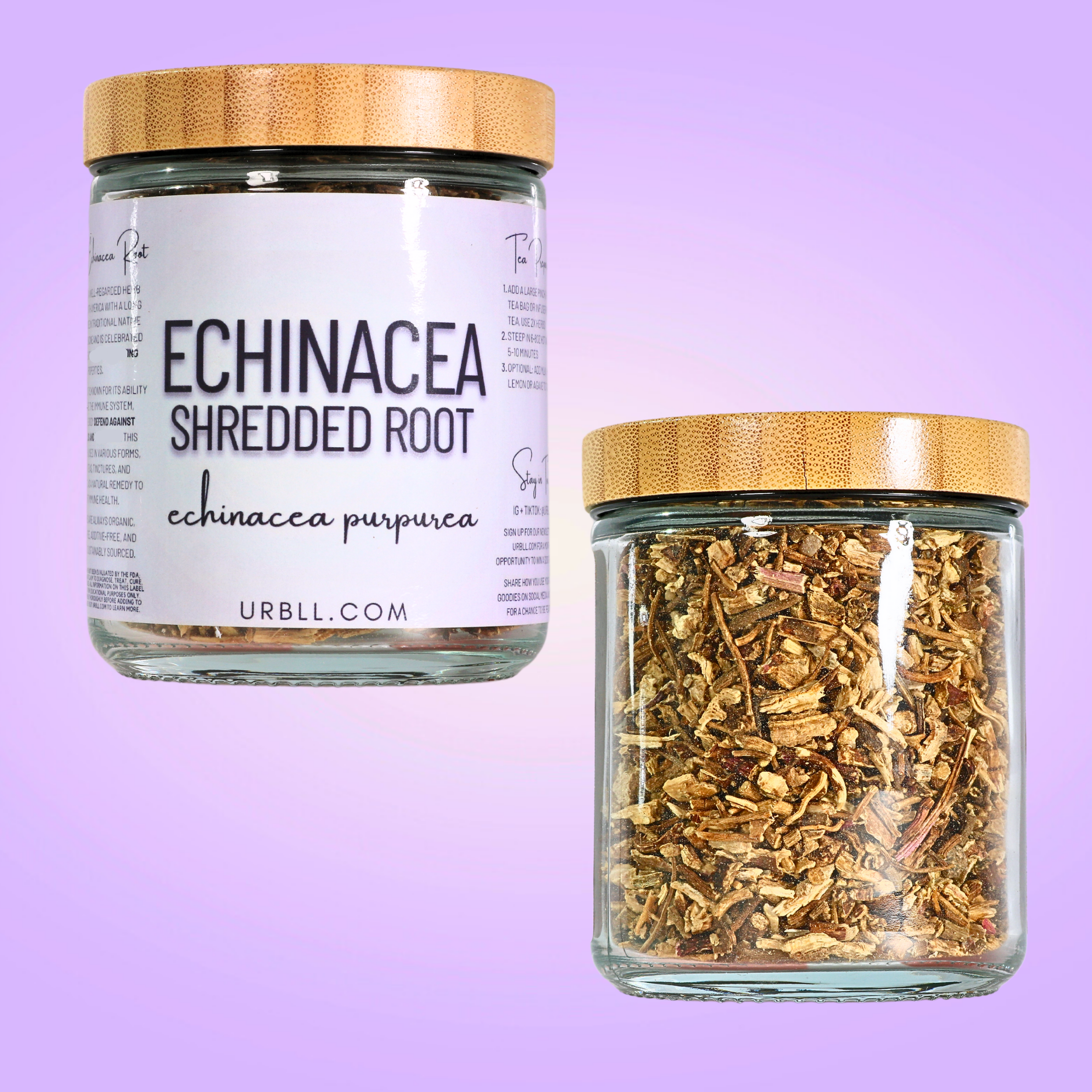 Two glass jars with wooden lids, one labeled 'Echinacea Shredded Root' on a purple background.