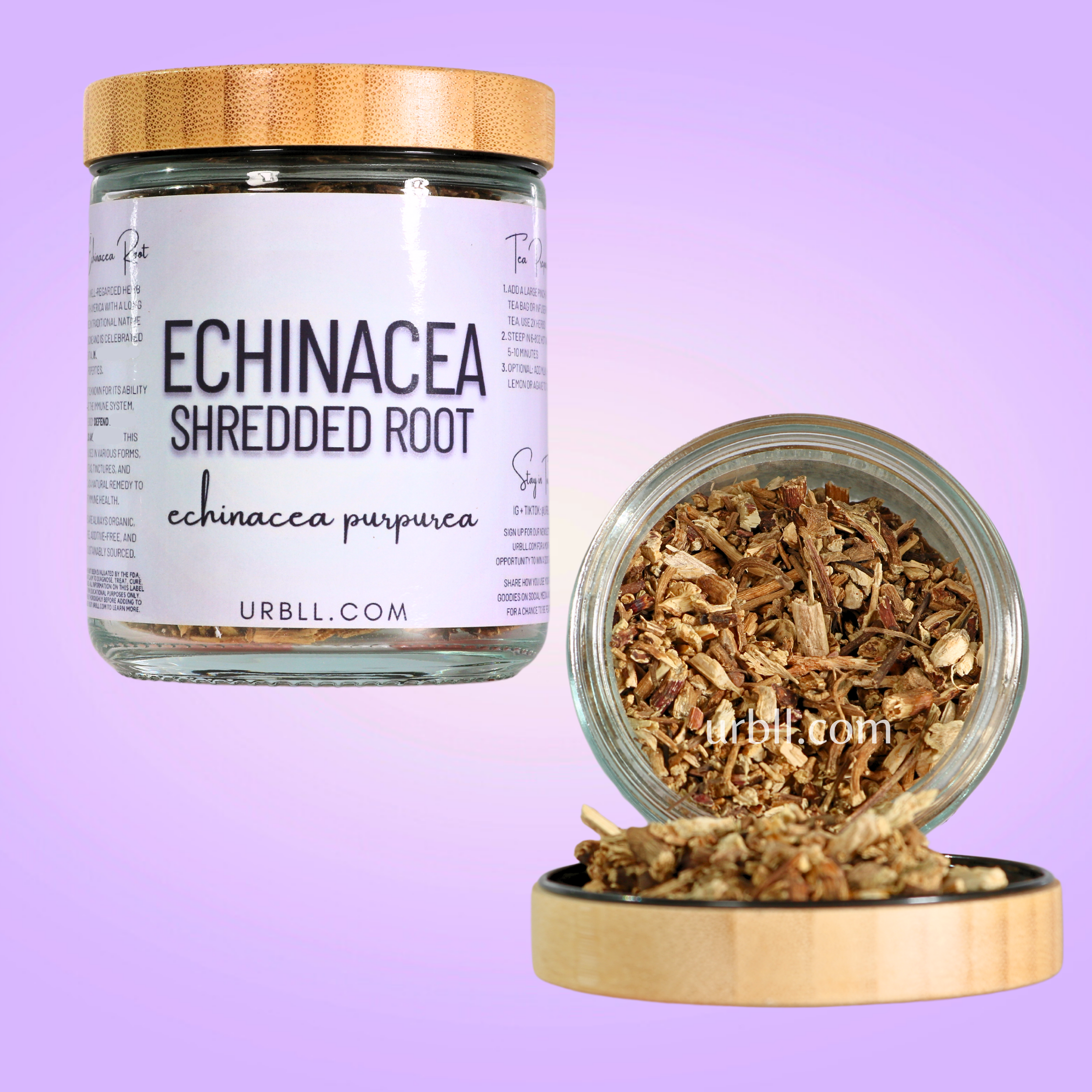 Jar of Echinacea Shredded Root with wooden lid on a purple background