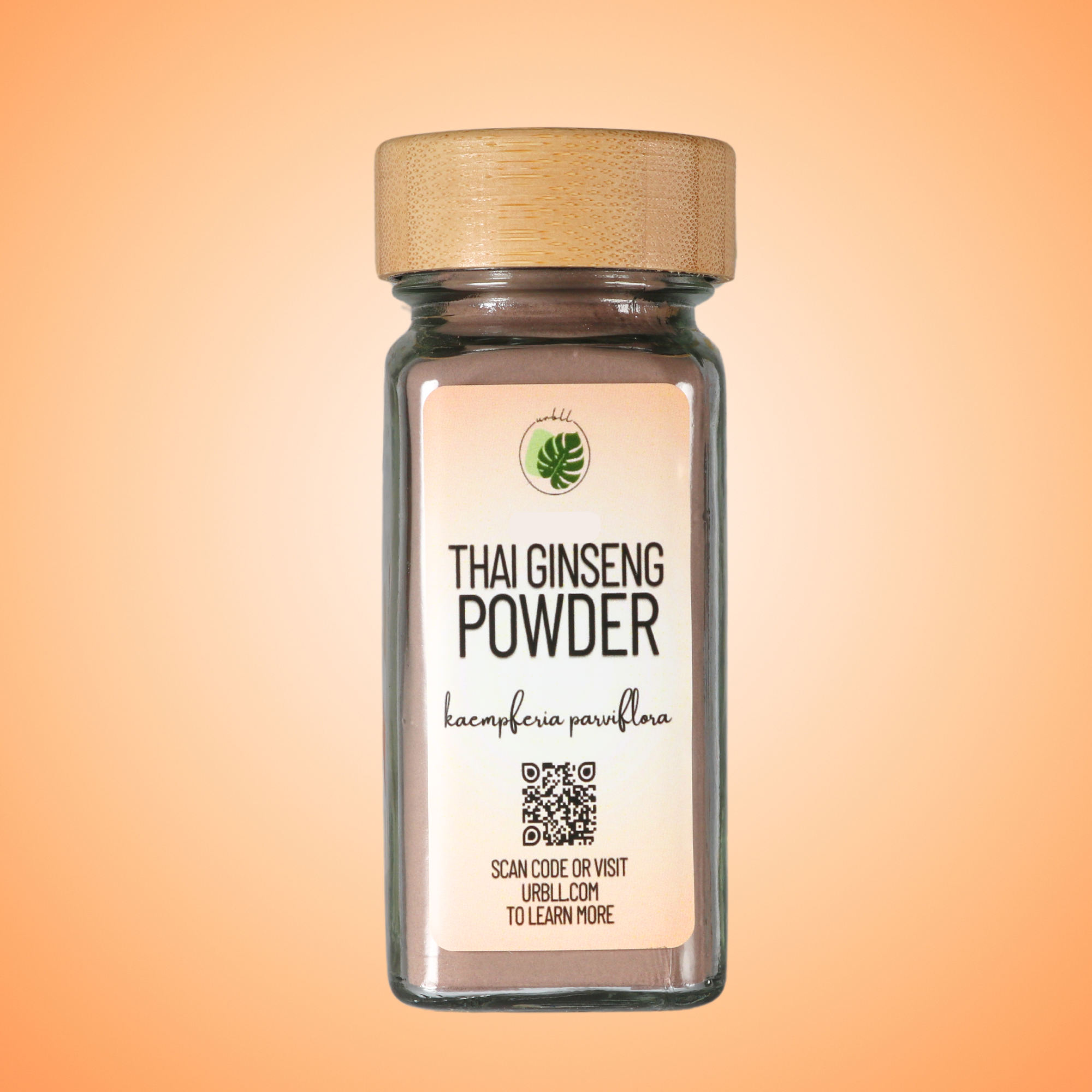 Jar of Thai Ginseng Powder with a wooden lid on an orange gradient background