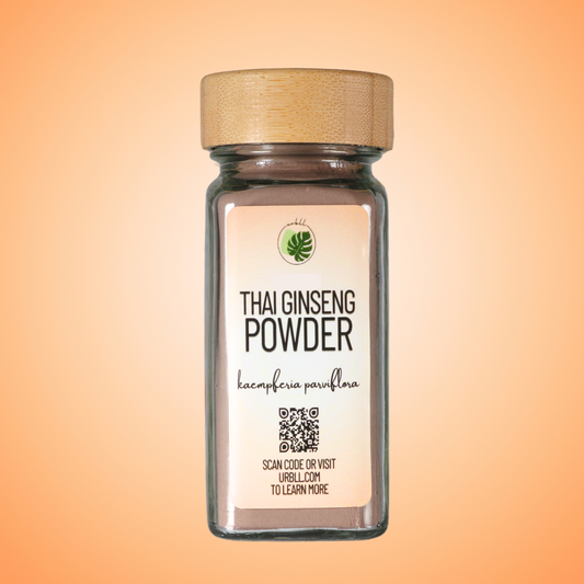 Jar of Thai Ginseng Powder with a wooden lid on an orange gradient background