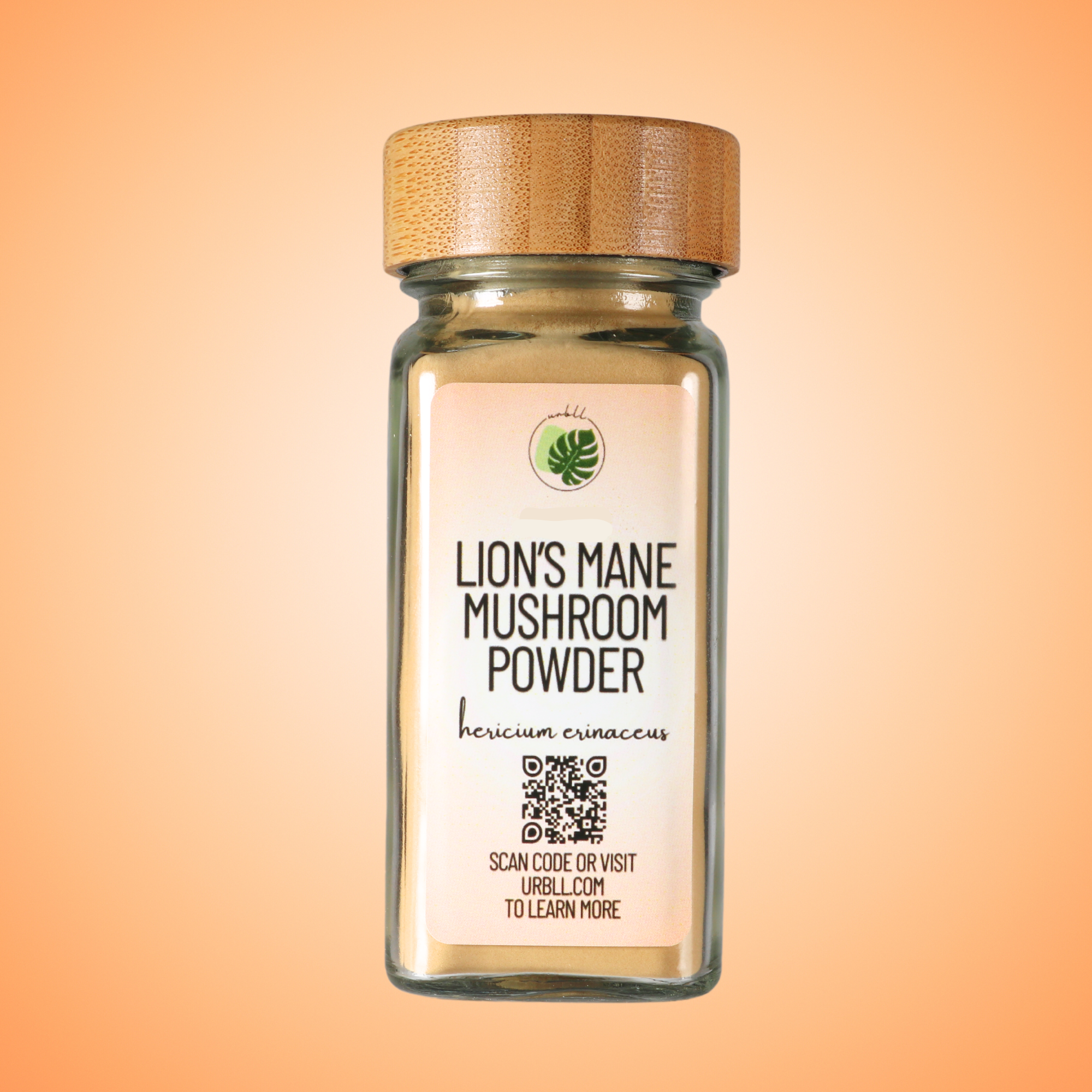 Glass jar of lion's mane mushroom powder with a wooden lid on an orange gradient background.