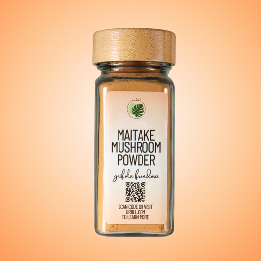 Jar of maitake mushroom powder with a label on an orange gradient background