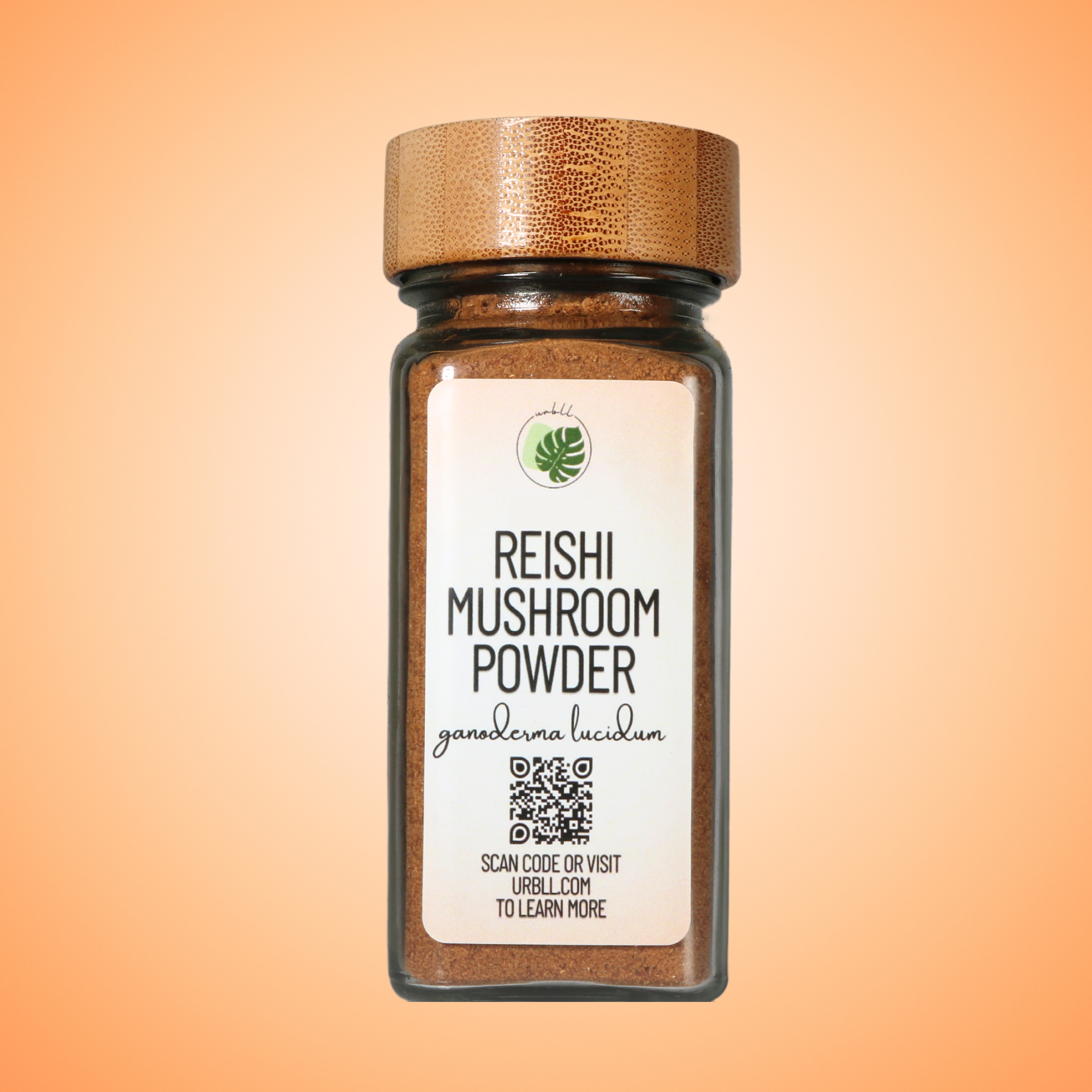 Jar of reishi mushroom powder with a label on an orange gradient background