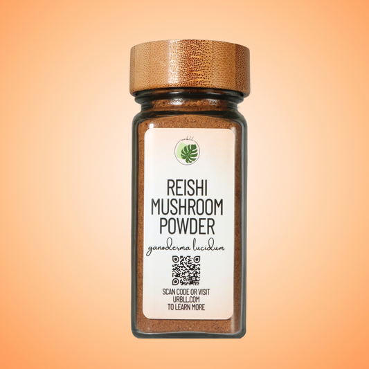 Jar of reishi mushroom powder with a label on an orange gradient background