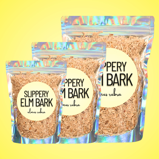 Three packages of Slippery Elm Bark with labels on a yellow background