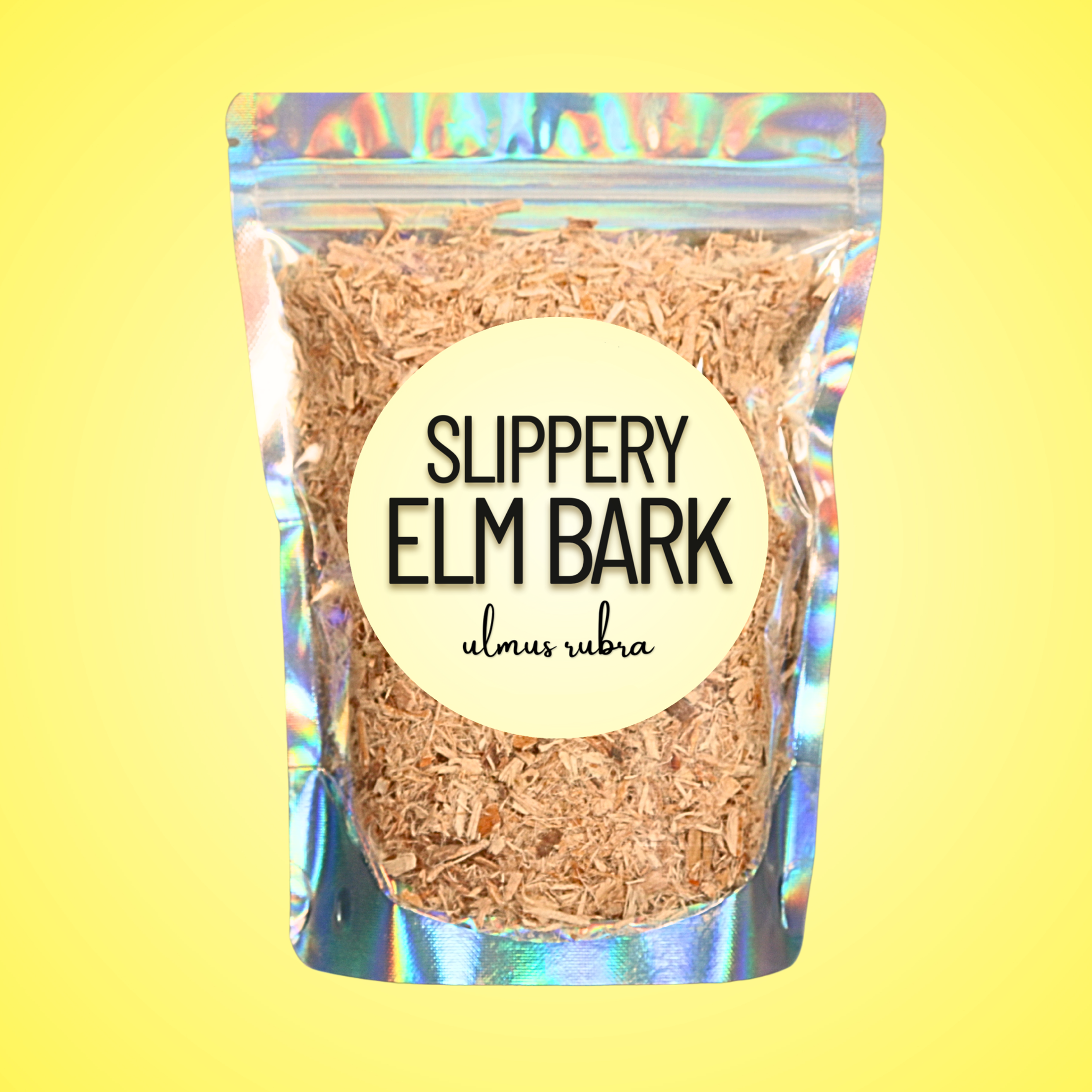 slippery elm bark in iridescent standup pouch with see-through front